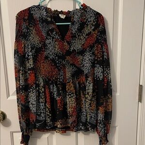 Floral V-Neck Peasant Blouse - Black with Rust & Mustard Floral Print